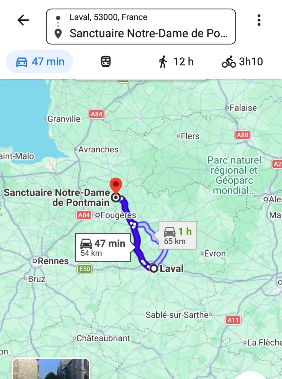 Google Maps : l’itinéraire vers le sanctuaire de Pontmain, 47 min, 54 km